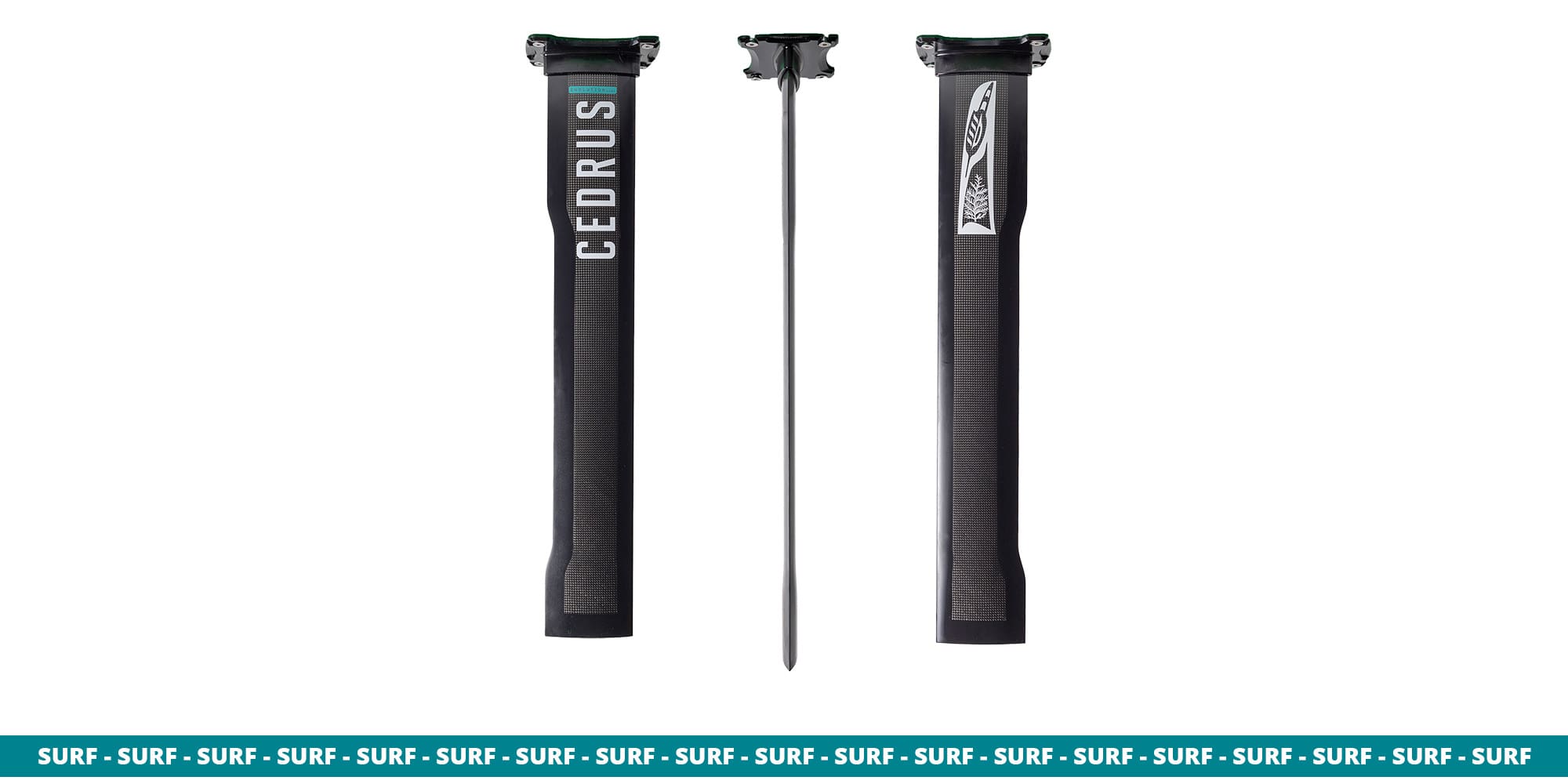 Studio shot of the Cedrus Evolution Surf mast from three different angles (front, left side, right side) showcasing the unique shape and highly technical aspects of the Cedrus Masts