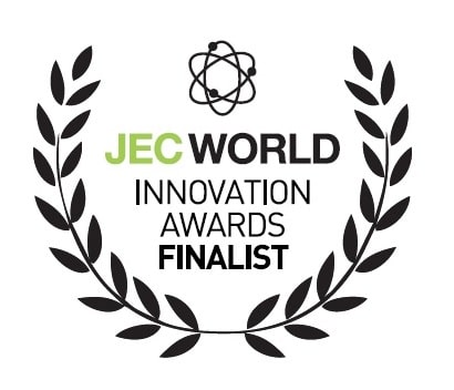 Logo indicating Cedrus as a finalist for the JEC World Innovation Awards, featuring an atomic symbol encircled by a laurel wreath with the text 'JEC WORLD INNOVATION AWARDS FINALIST.' The logo represents Cedrus' achievement in pioneering advancements within the hydrofoil industry.
