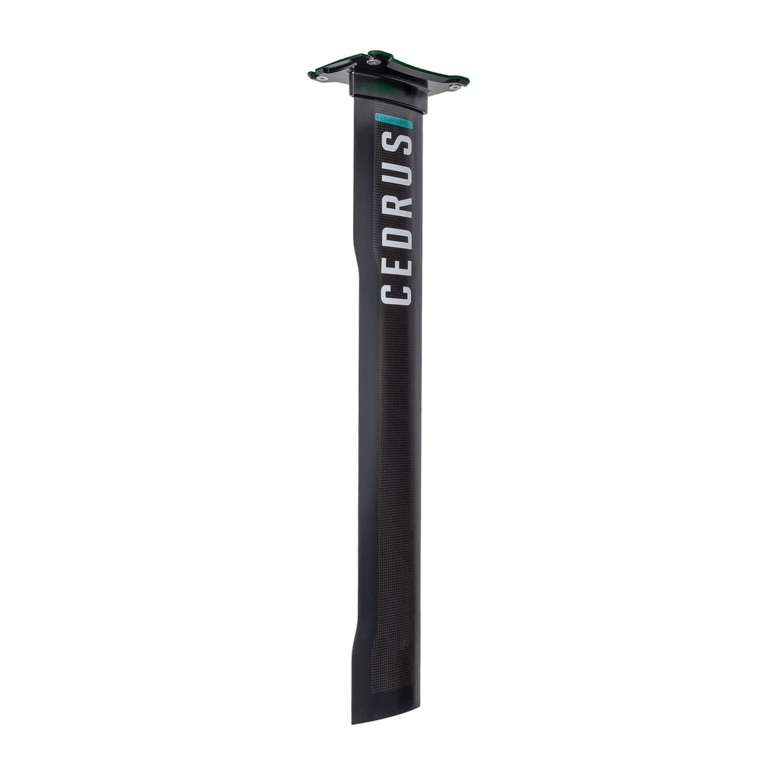 The Cedrus Evolution Surf Mast, angled to highlight its aerodynamic profile, offers a unique blend of agility and glide for surf enthusiasts.