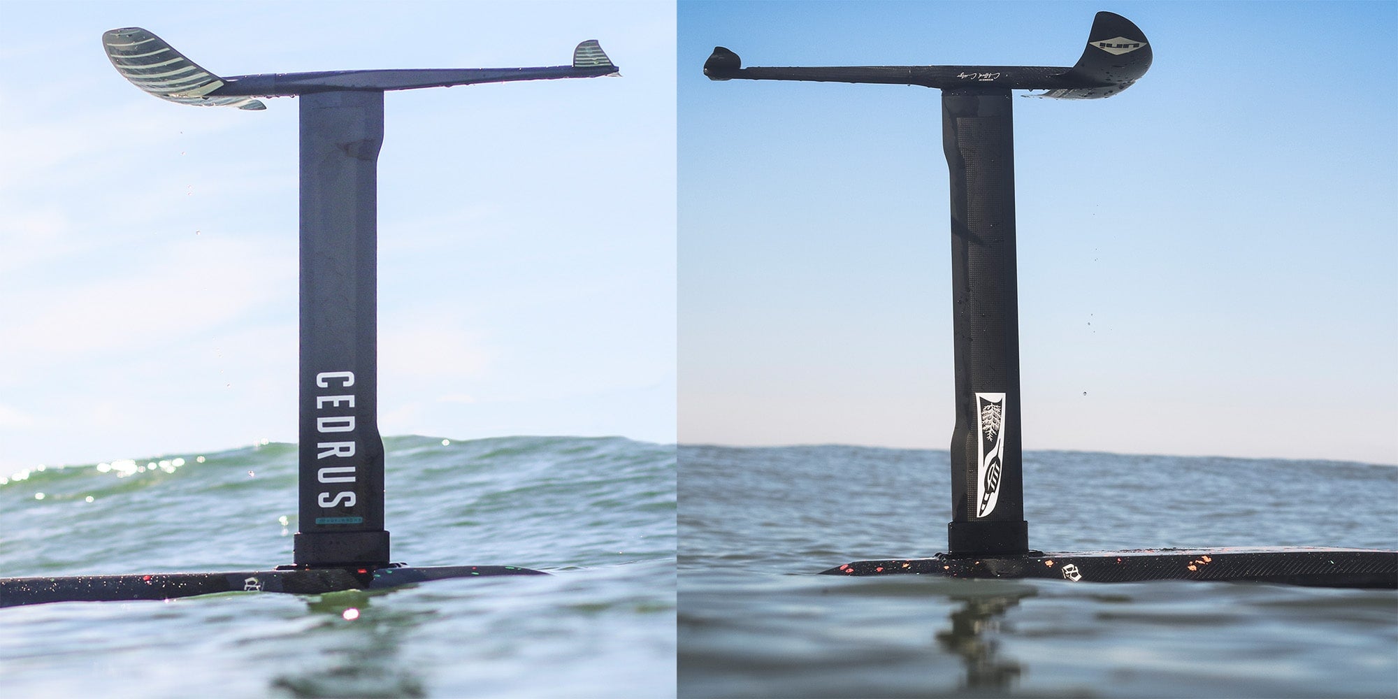 Split image of two different surfboards floating upside down on the ocean with the foils out of the water. Demonstrates two different hydrofoils working with the same Cedrus mast to show compatibility of the Cedrus mast across all major foil brands.