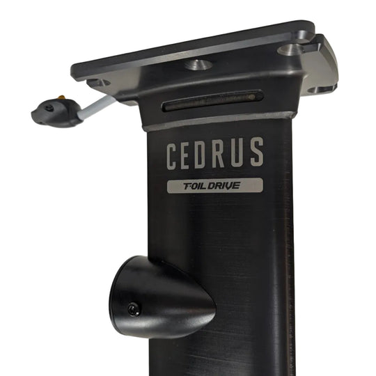 Closeup of the plate board mount and Foil Drive pod of a Cedrus Evolution Aluminum Integrated Assist mast anodized in black from the starboard side showing laser etched logos