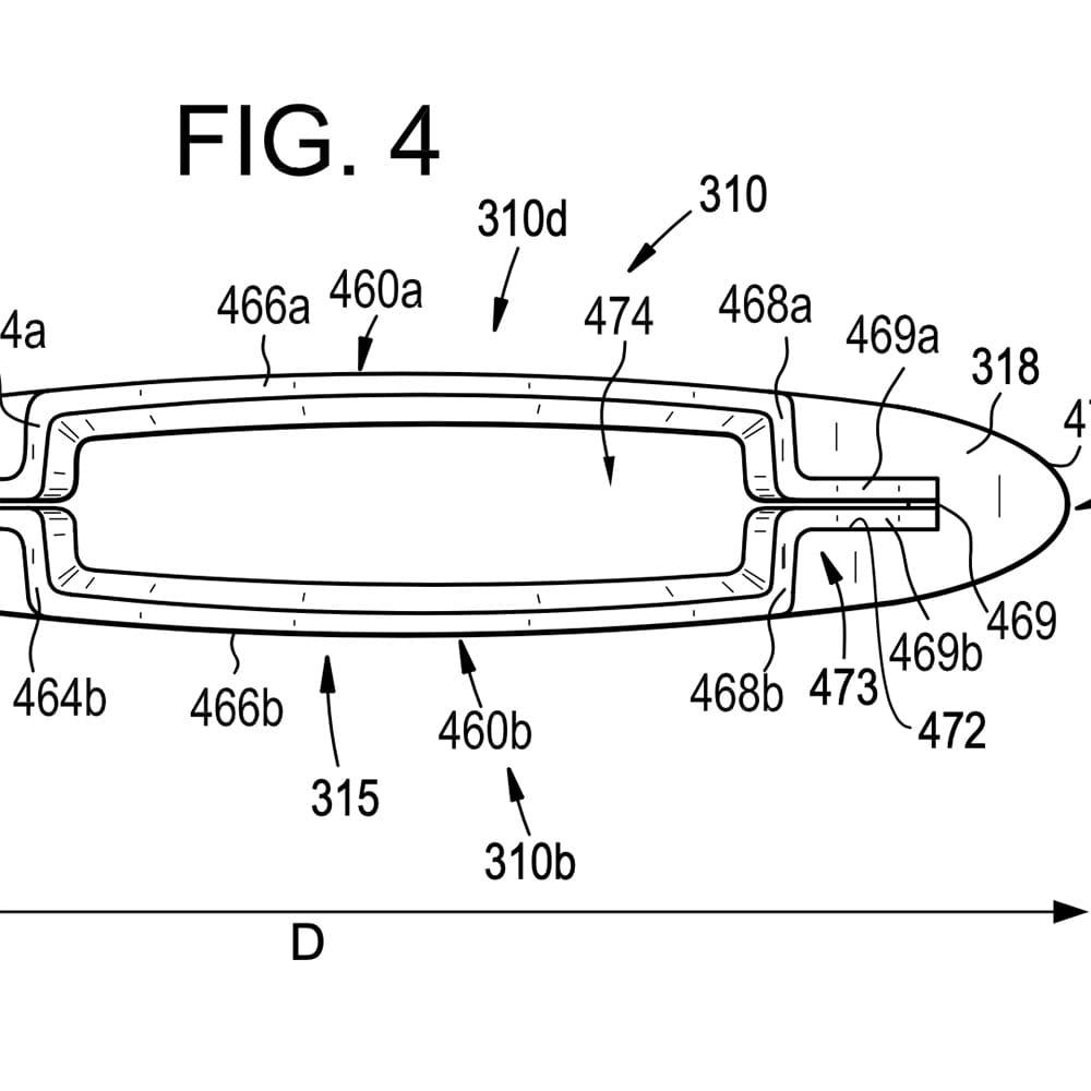 Technical drawing of a Cedrus hydrofoil mast cross-section, labeled FIG. 4, detailing the inner structural design which contributes to its strength and hydrodynamic efficiency. The diagram showcases the meticulous engineering behind the mast's hollow construction, a testament to Cedrus' focus on innovation and responsible manufacturing practices