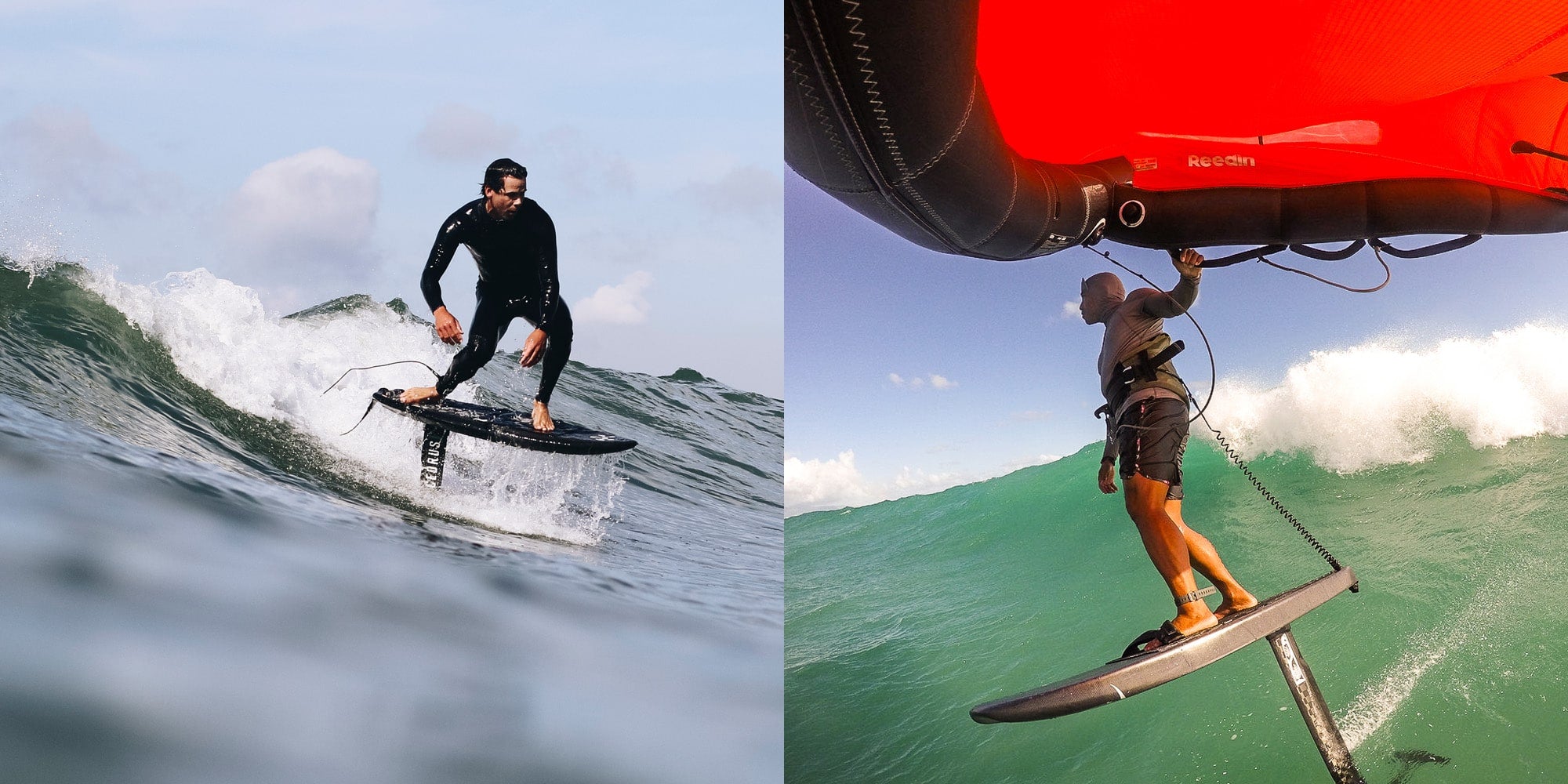 Surfer taking off on a wave with a Cedrus Evolution Surf mast showcasing exceptional agility and glide split with a wing foiler riding a Cedrus Evolution Wind mast to demonstrate that the different masts work better in different conditions.