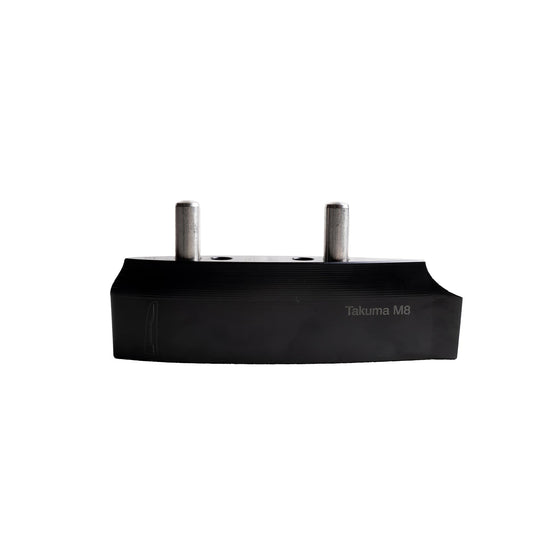 A side-view image of the Cedrus Foil Adapter for the brand of Takuma foils, highlighting its sleek black design and robust construction with dual stainless steel posts for secure mounting. It exemplifies Cedrus' commitment to versatile, universal and seamless foil compatibility and advanced engineering.