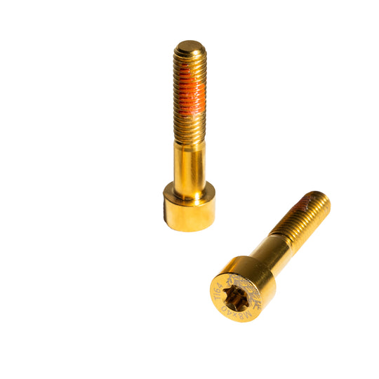 Premium Project Cedrus Titanium Upgrade Hardware Kit, consisting of two M8x40mm Socket Head Cap screws. These high-end titanium screws are PVD coated for reduced friction, corrosion resistance against aluminum contact, and lightweight for an overall lighter foiling setup. They are stronger and more fatigue-resistant than standard hardware, featuring a thread-locker for enhanced security and at least three reliable uses.