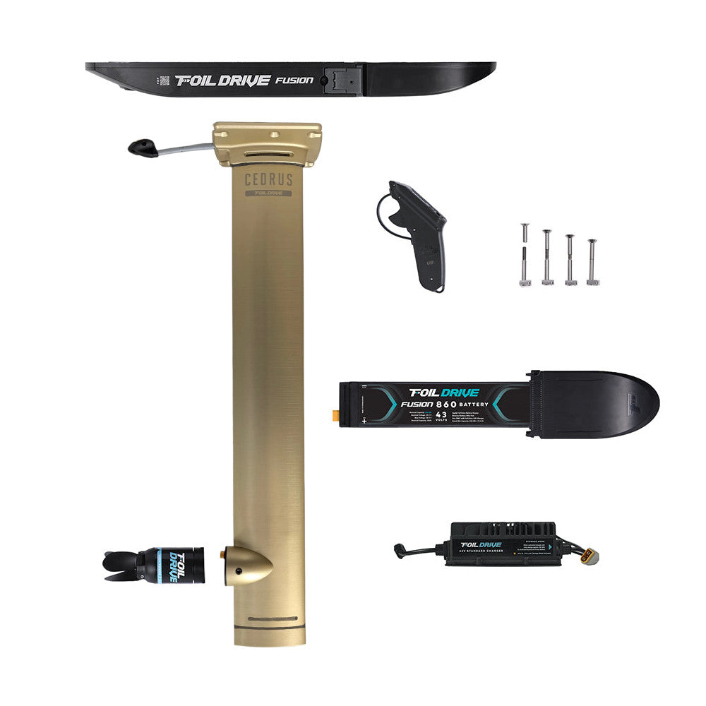 Cedrus x Foil Drive Fusion E-Foil complete  package featuring fully welded aluminum integrated masts, Fusion 860 battery, and High Power 3-Blade Motor