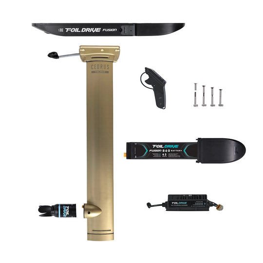 Cedrus x Foil Drive Fusion E-Foil complete  package featuring fully welded aluminum integrated masts, Fusion 860 battery, and High Power 3-Blade Motor