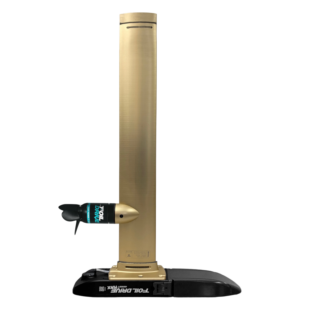 Cedrus x Foil Drive Universal Integrated Mast in anodized gold shown assembled with Foil Drive Assist Max system and High Power motor.