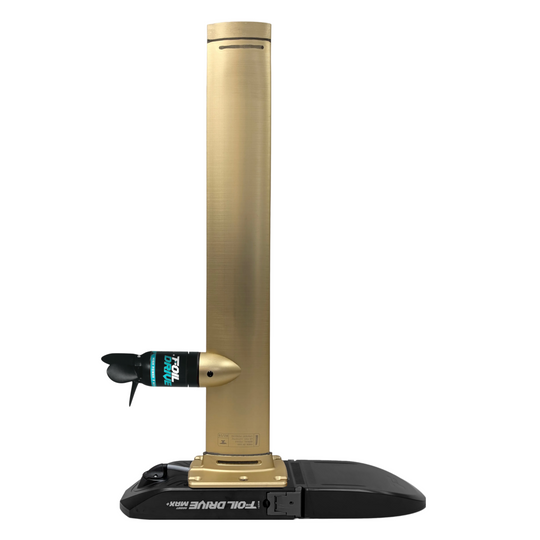 Cedrus x Foil Drive Universal Integrated Mast in anodized gold shown assembled with Foil Drive Assist Max Plus system and High Power motor.
