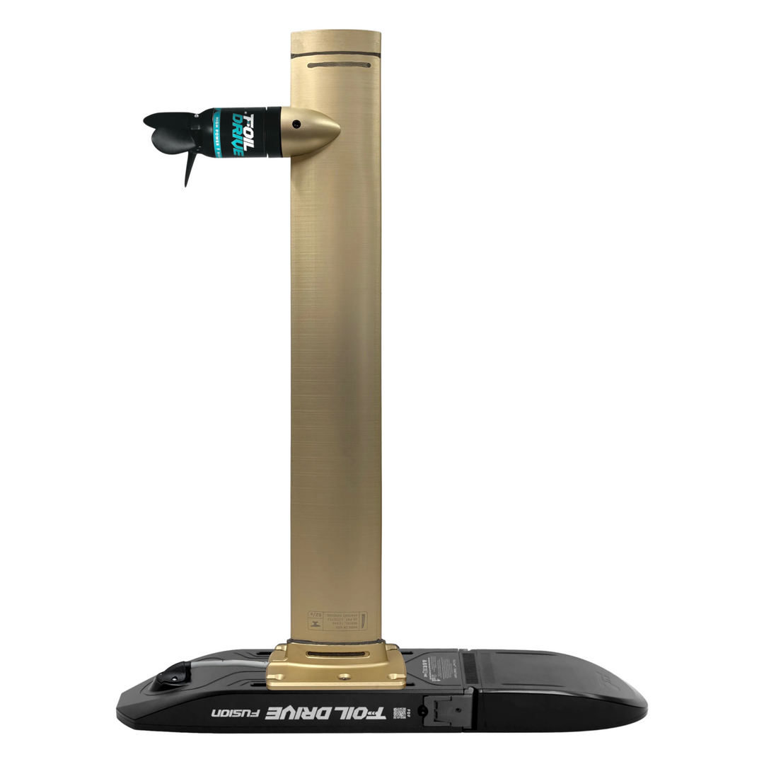 Cedrus x Foil Drive Universal Integrated eFoil Mast in anodized gold shown assembled with Foil Drive Fusion system and High Power motor.