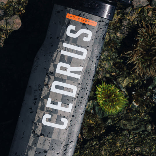 The Cedrus Evolution Wind mast, wet with ocean spray, is set against a rocky tidepool, highlighting its robust construction designed to withstand the demands of powered foiling. 