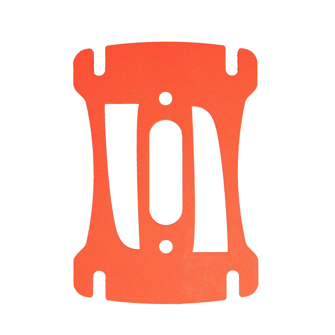 Rear view of an orange Project Cedrus shim plate, designed for easy attachment to the Evolution Mount to prevent loss and wear, enhancing the durability of hydrofoiling equipment