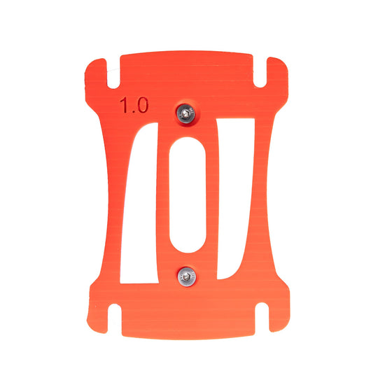 Front view of a bright orange Project Cedrus shim plate, illustrating the detailed 3D printed texture and holes for direct screw attachment