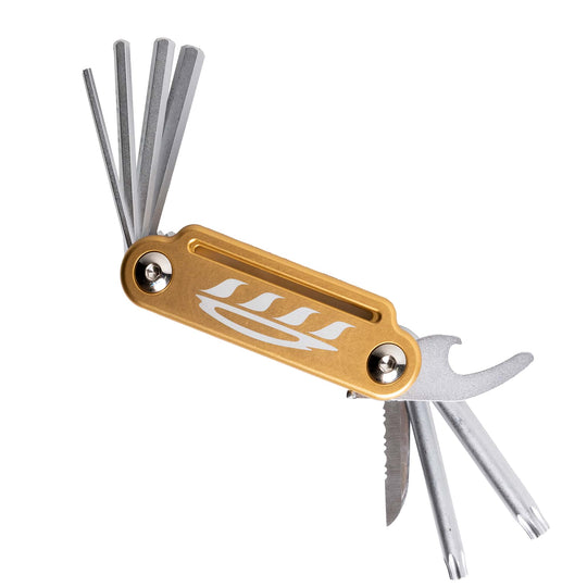 Precision-engineered Cedrus Foil Tool with multiple extendable Chrome-Vanadium steel bits, featuring a golden anodized aluminum body with the brand's logo, ready to tackle a variety of foiling equipment maintenance tasks