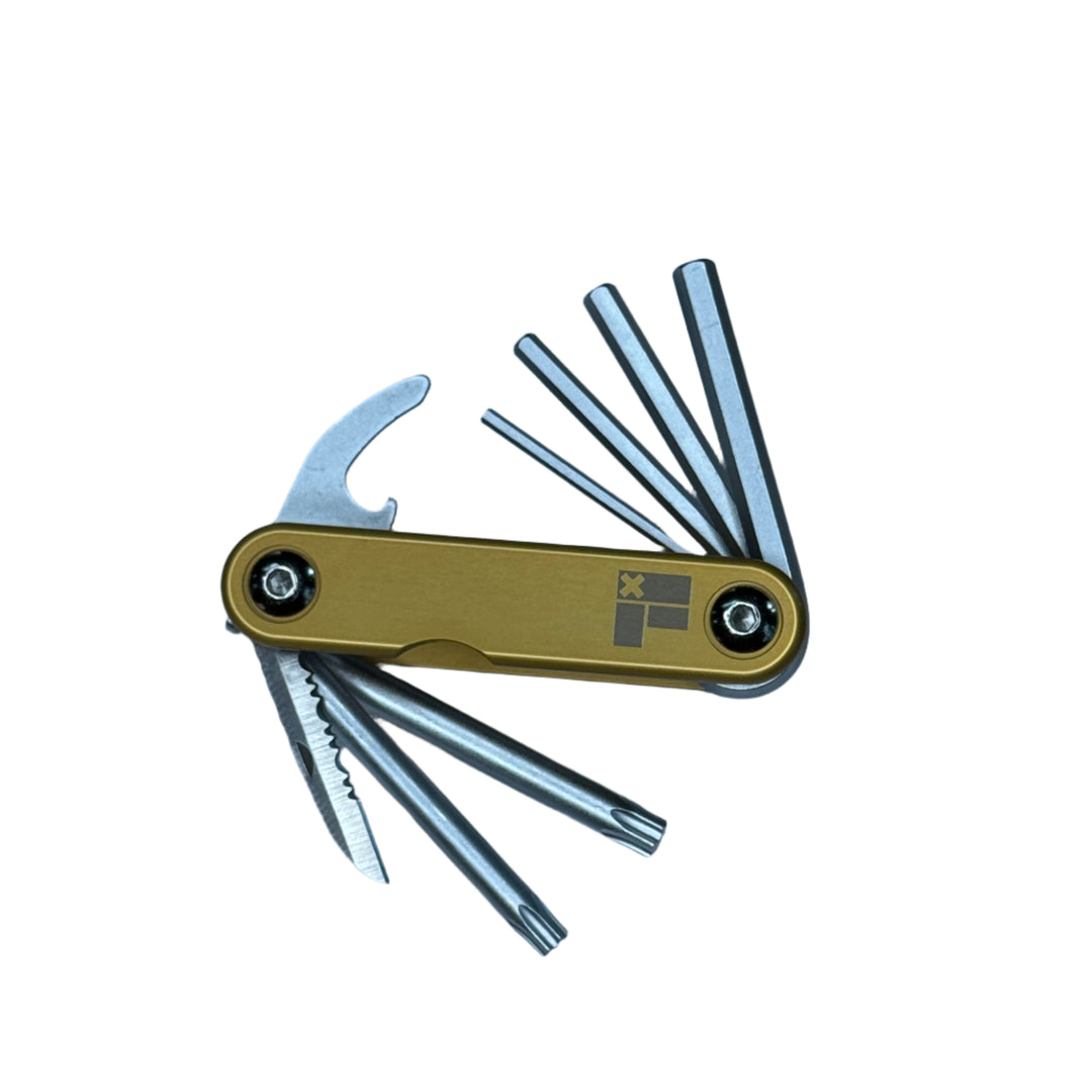 Multitool with multiple tools on a light gray background